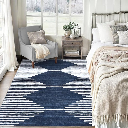HelloTree Area Rug 4x6 Geometric Rug,Washable Modern Neutral Stain Resistant Indoor Carpet Boho Living Room Moroccan Rugs Fluffy Rug for Living Room Bedside Room Decor for Family-Blue