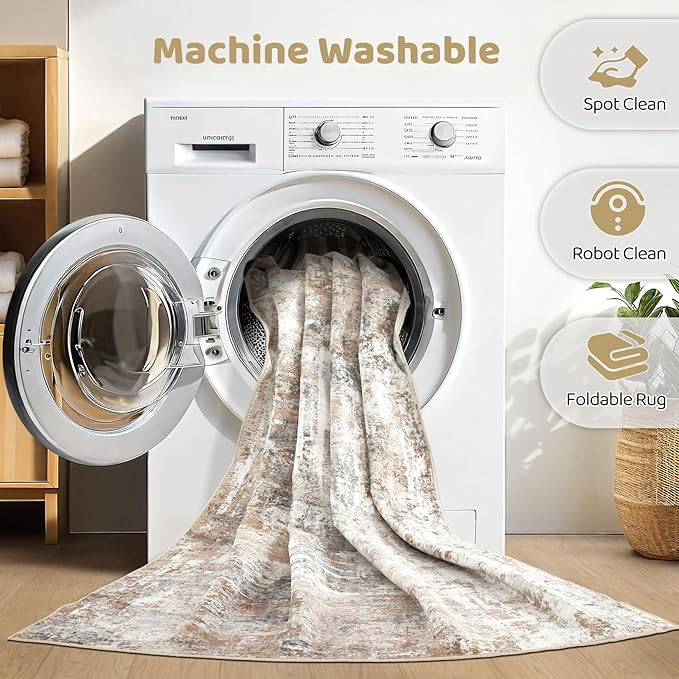 5x8 Area Rug Living Room: Machine Washable Large Abstract Soft Rugs Stain Resistant Indoor Floor Non Slip Accent Carpet for Bedroom Nursery Playroom Office Dining Room Dorm Home House- Brown