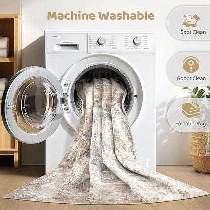 5x8 Area Rug Living Room: Machine Washable Large Abstract Soft Rugs Stain Resistant Indoor Floor Non Slip Accent Carpet for Bedroom Nursery Playroom Office Dining Room Dorm Home House- Brown