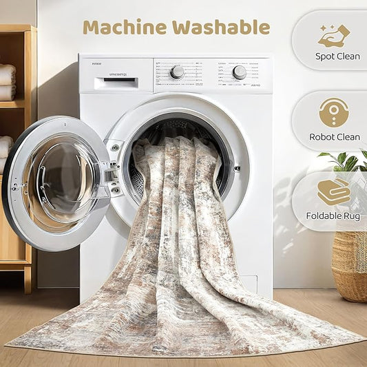 5x8 Area Rug Living Room: Machine Washable Large Abstract Soft Rugs Stain Resistant Indoor Floor Non Slip Accent Carpet for Bedroom Nursery Playroom Office Dining Room Dorm Home House- Brown