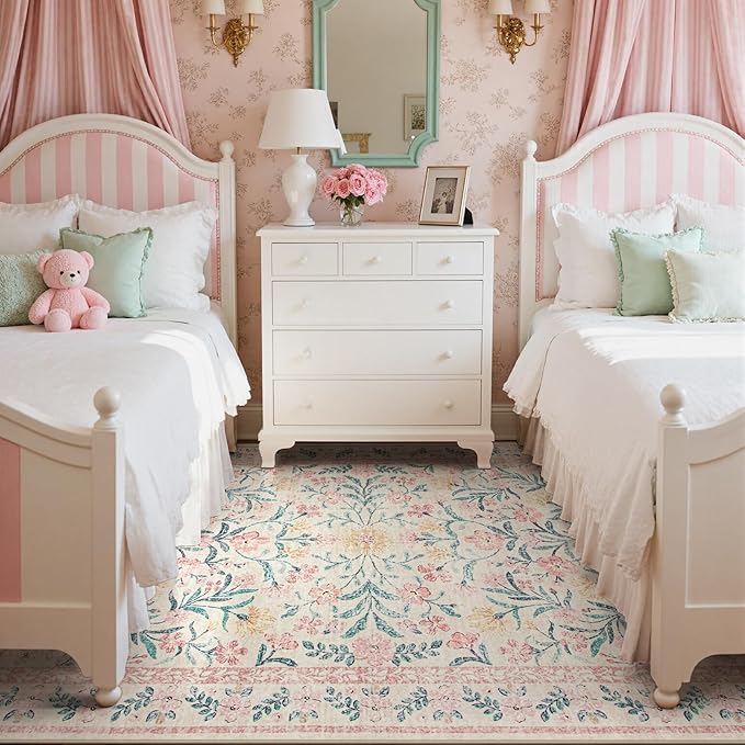 Wonnitar Pink Rugs for Bedroom Girls, 5x7 Washable Rug for Nursery Decor, Boho Soft Floral Carpet Non Slip, Indoor Ultra-Thin Floor Carpet for Baby Kids Room Living Room Dorm