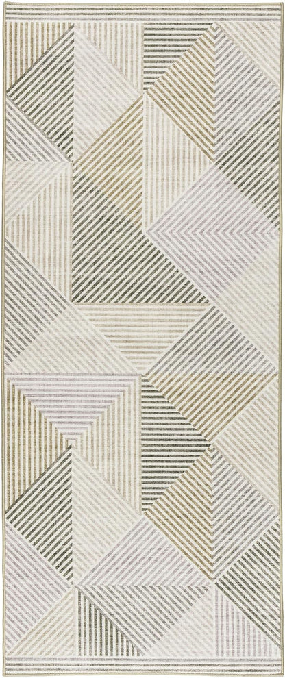 ReaLife Rugs Machine Washable Area Rug Runner - Living Room Bedroom Bathroom Kitchen Entryway Office - Padded Low Pile Stain Resistant Premium - Modern Geometric Contemporary - Miles - Beige 2'6"x6'