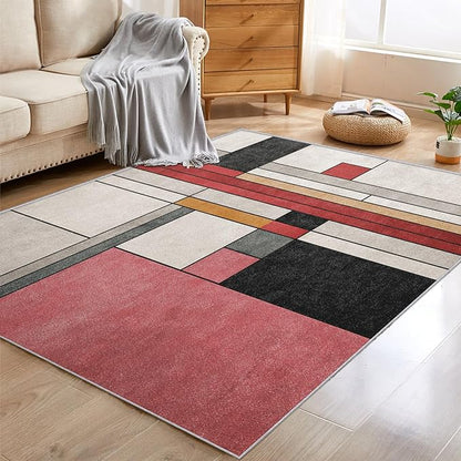 4x5 Abstract Geometric Rugs for Bedroom Decor, Washable Black White Red Geometry Pattern Area Rug, Living Room Home Decoration, Non Slip Soft Thin, Minimalist Modern Decor Carpet PF-P 49