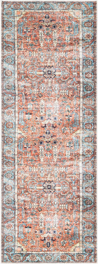 Bloom Rugs Washable Non-Slip 10 ft Runner - Orange/Blue Traditional Runner for Entryway, Hallway, Bathroom, and Kitchen - Exact Size: 2.5' x 10'