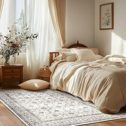 jinchan Floral 5x7 Area Rugs for Bedroom - Machine Washable Vintage Distressed Boho Design Throw Rug Stain Resistant Carpet Low-Pile Thin Non-Slip for Nursery Living Room Dining Room (5‘x7', Beige)
