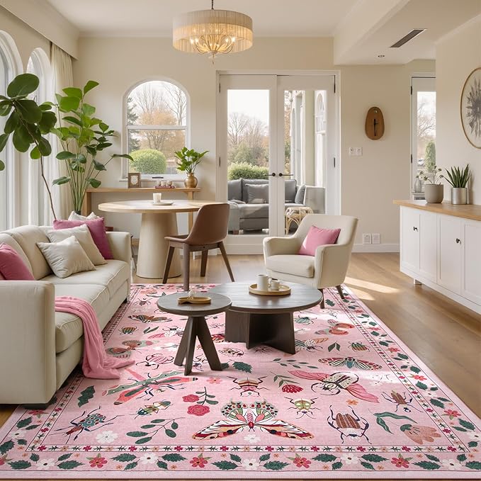 Lahome Insect Washable Rugs 8x10, Soft 8x10 Rugs for Living Room Dining Room Ultra-Thin, Non-Slip Bedroom Rug Large Carpet Non-Shedding Accent Rug for Girls Classroom Nursery(8x10ft,Pink)