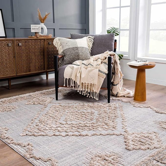 Hauteloom Ampusungan Living Room, Bedroom Area Rug - Geometric - Charcoal, Cream, Beige - 2' x 3'