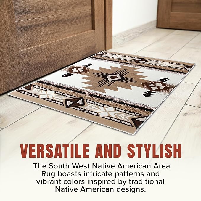 YHSF South West Native American Area Rug C318 - Easy Clean, Thick, Soft, Durable Native Tribal American Indian Inspired Rug for Bedroom/Living Room and More - Ivory, 5 Feet x 7 Feet