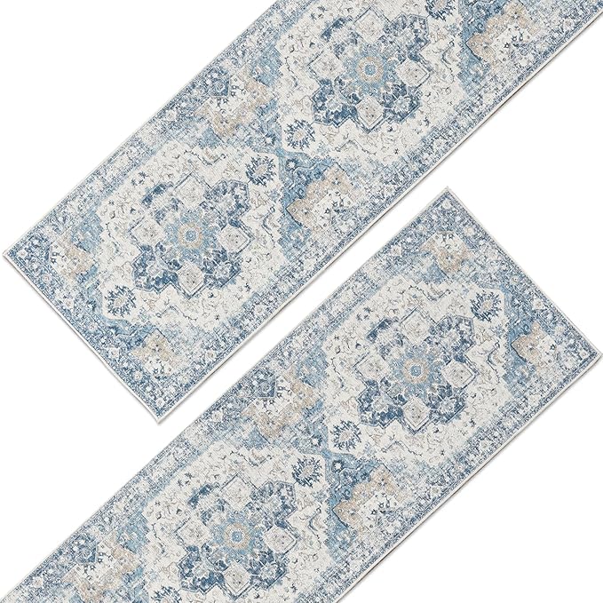 jinchan Kelda Runner Rug 3x8-2pcs Vintage Hallway Rug Kitchen Washable Runner Retro Floor Cover Lightweight Non-Slip Thin Distressed Carpet for Entryway Bathroom Laundry Room Bedroom Stairway Blue