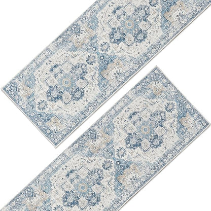 jinchan Kelda Runner Rug 3x8-2pcs Vintage Hallway Rug Kitchen Washable Runner Retro Floor Cover Lightweight Non-Slip Thin Distressed Carpet for Entryway Bathroom Laundry Room Bedroom Stairway Blue