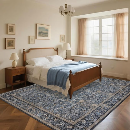 Washable Living Room Rug: 9x12 Boho Floral Soft Area Rug for Bedroom Decor - Vintage Low Pile Thin Carpet for Dining Room Non-Slip - Farmhouse Stain Resistant Rugs - Slate Blue