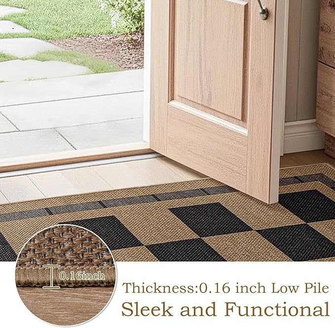 Checkered Jute 5x7 Area Rugs, Washable Outdoor Patio Rug Living Room Bedroom Indoor Carpet, Non Slip Modern Farmhouse Design Neutral Geometric Office Porch Balcony Dining Room Mat, Black and Brown