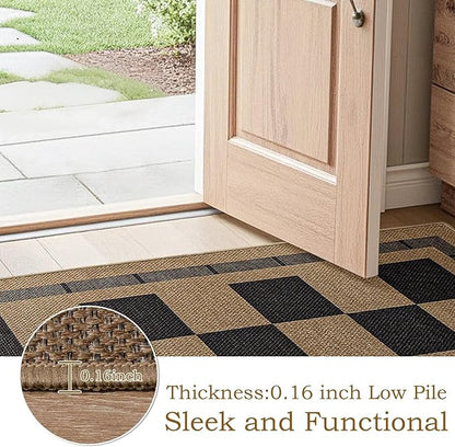 Checkered Jute 5x7 Area Rugs, Washable Outdoor Patio Rug Living Room Bedroom Indoor Carpet, Non Slip Modern Farmhouse Design Neutral Geometric Office Porch Balcony Dining Room Mat, Black and Brown