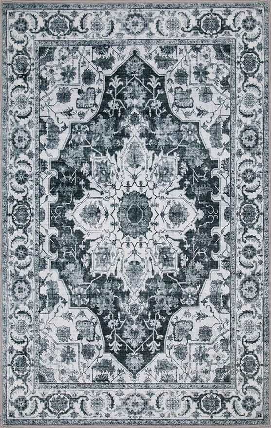 WILLSUN Washable Area Rugs, 3x5 Non-Slip Boho Large Area Rugs for Living Room, Bedroom, Machine Washable Vintage Rug, Indoor Floral Print Carpet for Home Decor, Kid & Pet Friendly Mat