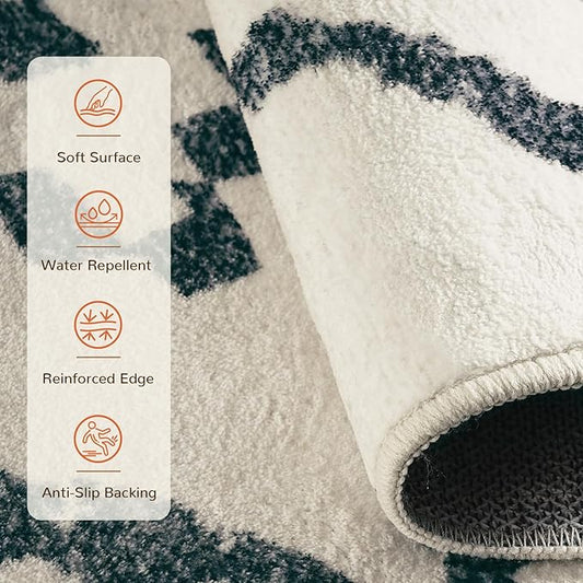 Area Rug 9x12 Rug Machine Washable Non-Slip Low Pile Print Pattern Western Rug for Living Room Bedroom Entryway Tribal Series -Navywhite/Black