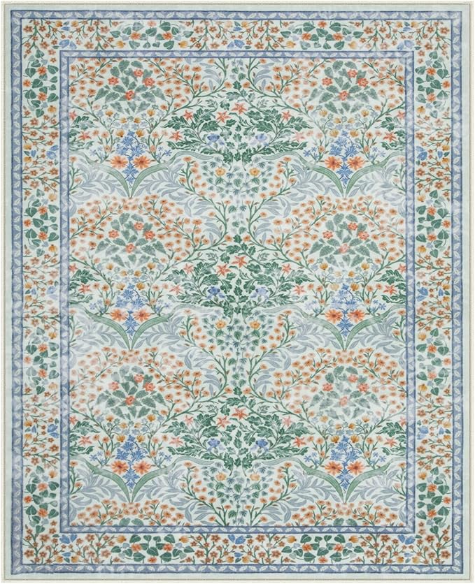 Lahome Floral Washable Rugs 8x10, Soft Green 8x10 Area Rugs for Living Room Bedroom, Boho Non-Slip Forest Stain Resistance Large Throw Carpet for Farmhouse Dining Room Office, Green