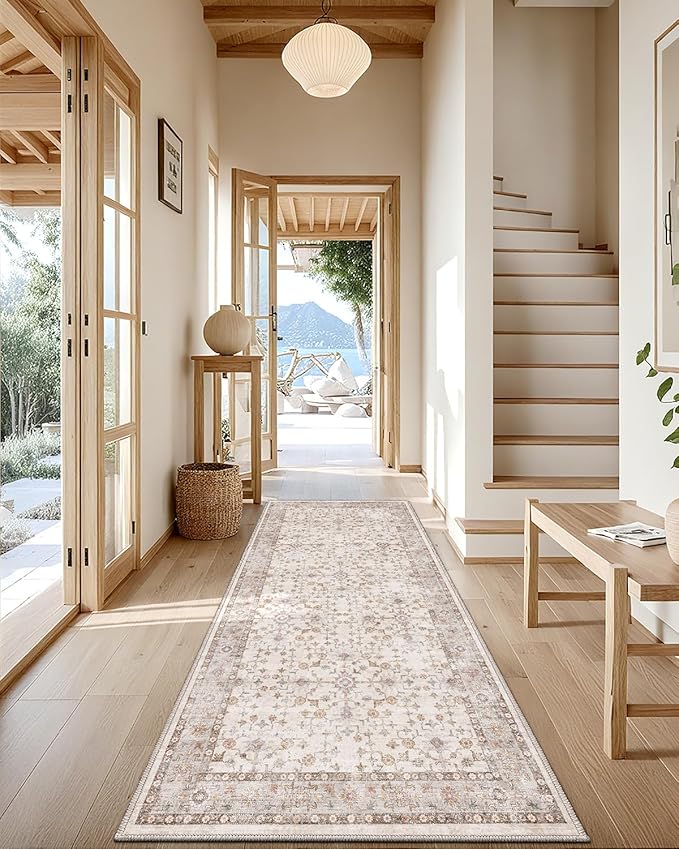 LUMI Runner Rug 3x7, Washable Non-Slip Hallway Throw Rugs, Long Soft Thin Vintage Oriental Kitchen Mats, Low-Pile Indoor Kitchen Entryway Area Rug, Beige