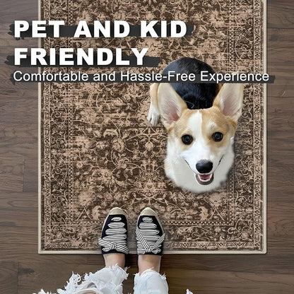 KILOCOCO Area Rug 3x5 Entryway Rug Washable Printed Vintage Floral Rubber Backed Non Slip Indoor Kitchen Rugs for Living Room Laundry Room Playroom Mudroom Moroccan Area Rugs, Rust Red