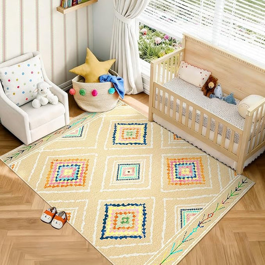 Area Rug 6x9 Rug Machine Washable Non-Slip Low Pile Print Pattern Western Rug for Living Room Bedroom Entryway Tribal Series -Cream/Beige