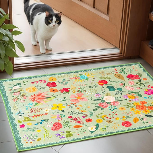 Boho Floral Entryway Rug 2x3, Washable Small Mat for Bathroom and Kitchen, Non Slip Front Door Mat Indoor Entrance, Vintage Style Flower Mat with Rubber Backing, Soft Area Rug for Entry Way (Green)