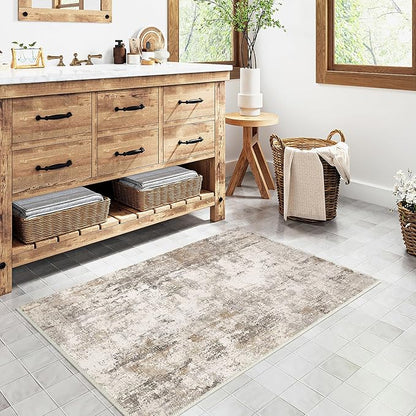 2x3 Washable Area Rug Brown Grey Abstract Entryway Kitchen Throw Rug Neutral Modern Non Slip Soft Low Pile Small Carpet for Bathroom Living Room Bedroom