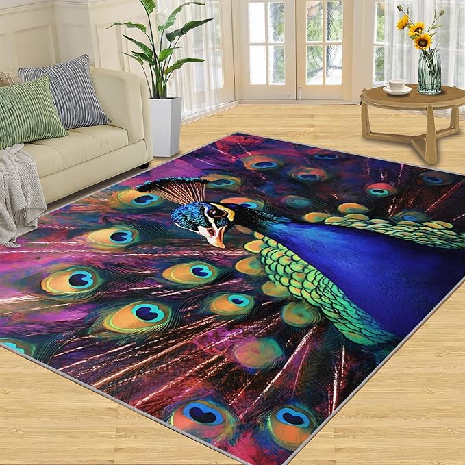 Peacock Rugs for Bedroom - 4x6 Area Rug - Watercolor Peacock Rugs for Living Room, Abstract 3D Animal Rug, Non-Slip Washable Home Decor Carpet