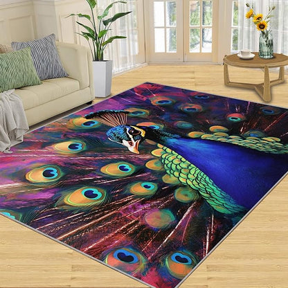 Peacock Rugs for Bedroom - 3x5 Area Rug - Watercolor Peacock Rugs for Living Room, Abstract 3D Animal Rug, Non-Slip Washable Home Decor Carpet