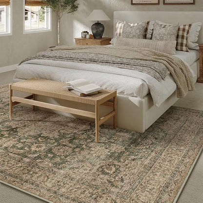 5x7 Washable Vintage Area Rug Green Brown Living Room Bedroom Carpet Non-Slip Soft Low Pile Distressed Indoor Throw Rug for Dining Room Entryway Office
