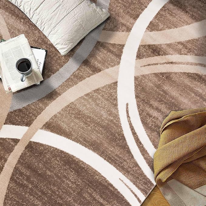 Rugshop Modern Wavy Circles Design Round Rug, Carpet with Jute Backing for Dining Room, Bedroom, or Living Room, Brown, 6'6" Round