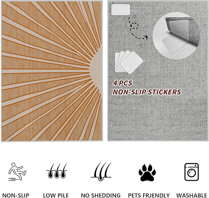 Boho Sun Print Area Rug for Living Room 5x6, Modern Abstract Non-Slip Washable Rugs, Soft Stripe Minimalism Carpet for Bedroom, Nursery, Entryway, Dining Room & Office Decor, Orange White