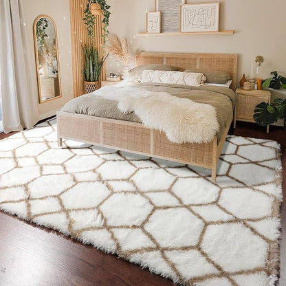 ONASAR 8x10 Area Rugs for Living Room, Fluffy White and Beige Bedroom Rug, Washable Geometric Boho Large Soft Plush Shaggy Fuzzy Floor Carpet for Nursery Kids Classroom Playroom Dorm Home Decor