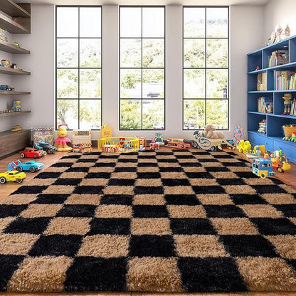 Extra Large Plush Rug High Pile Fluffy Rug for Living Room, Big Plush Non-Skid Shag Carpet, Soft Shaggy Rugs for Bedroom Indoor Modern Home Decor Grid 9x12ft
