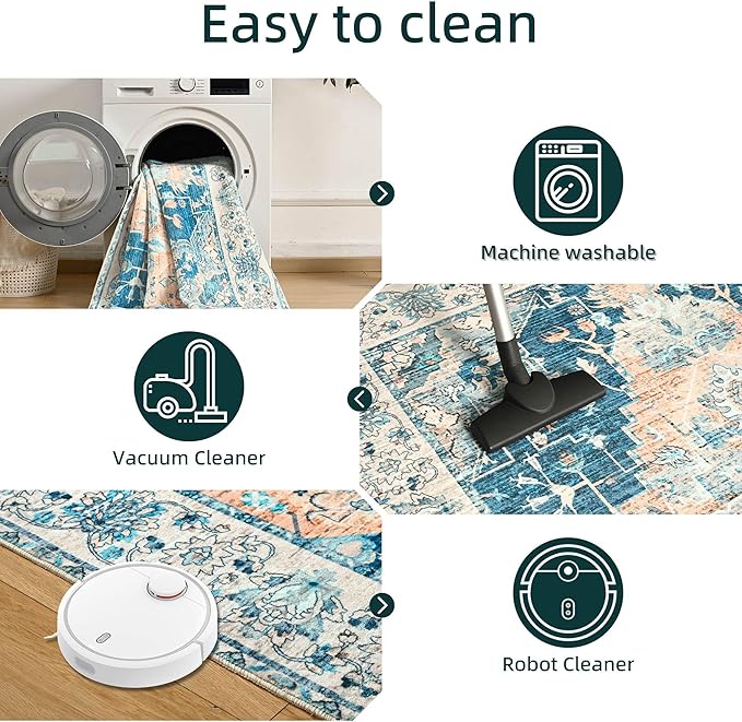YJ.GWL Area Rugs for Living Room 5x7 Machine Washable Rugs, Non Slip Floral Vintage Rug Indoor Carpet, Stain Resistant Large Rug for Bedroom Dining Room, Dark Blue