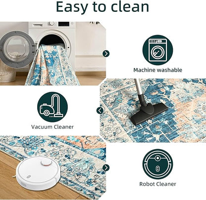 YJ.GWL Area Rugs for Living Room 9x12 Machine Washable Rugs, Non Slip Floral Vintage Rug Indoor Carpet, Stain Resistant Large Rug for Bedroom Dining Room, Dark Blue