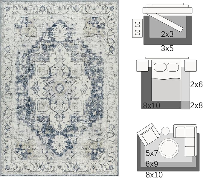 jinchan Kelda Area Rug 2x3 Entryway Rug Washable Soft Indoor Vintage Floor Cover Retro Distressed Mat Accent Lightweight Non-Slip Carpet for Entrance Bathroom Kitchen Living Room Bedroom Grey