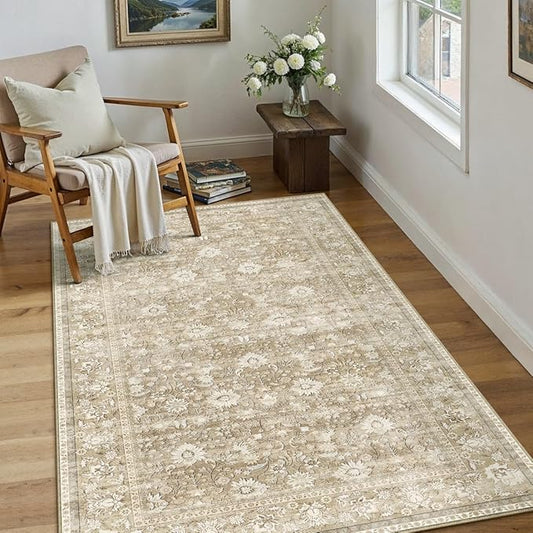 HUGEAR 3x5 Machine Washable Rugs Beige Hallway Area Rug Indoor Accent Rug Floral Low Pile Carpet Soft Throw Rug Bedroom Living Room Office Dining Room Kitchen Laundry Room Non Slip