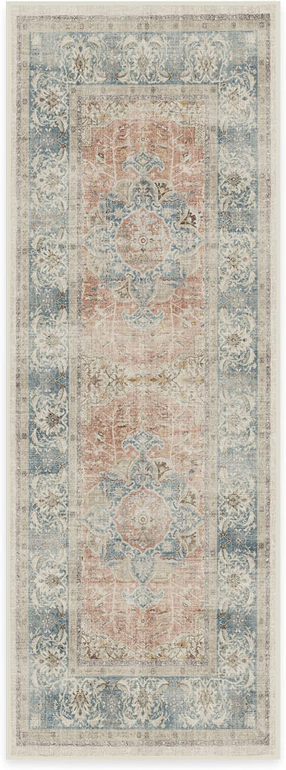 RUGGABLE Washable Vintage Runner Rug – Sarrah Coral 2.5x7, Stain-Resistant, Non-Slip Hallway Runner – Machine Washable Rug for Hallway, Entryway, Living Room & Kitchen–with Standard Pad