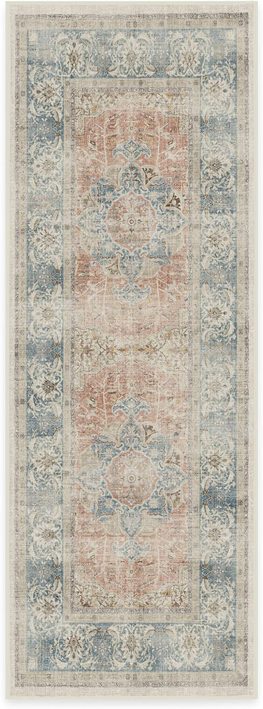 RUGGABLE Washable Vintage Runner Rug – Sarrah Coral 2.5x7, Stain-Resistant, Non-Slip Hallway Runner – Machine Washable Rug for Hallway, Entryway, Living Room & Kitchen–with Standard Pad