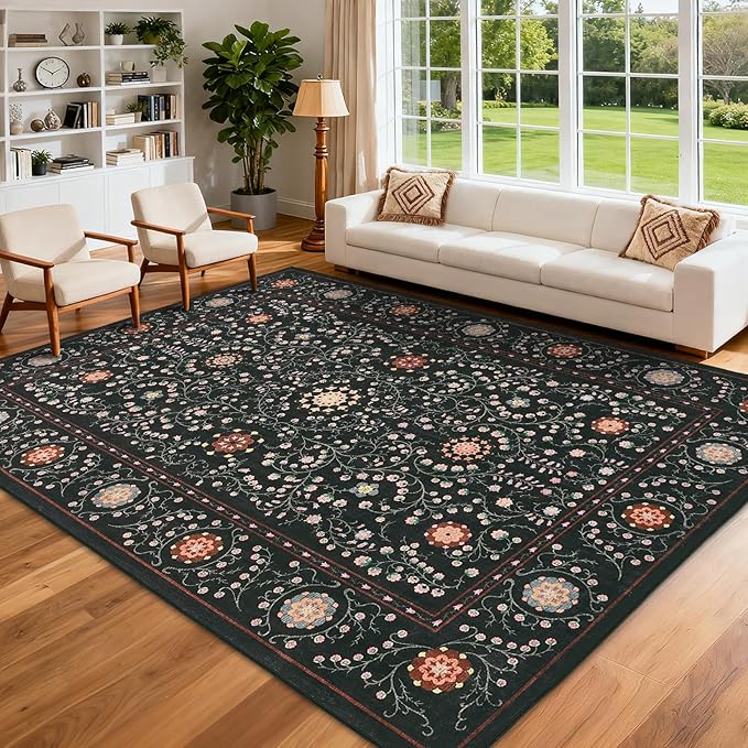 GarveeHome Boho 8x10 Area Rugs for Living Room, Floral Vintage Rugs for Bedroom with Soft Low Pile, Non Slip Stain Resistant Washable Rug 8x10 for Dining Room Black Large Carpet for Office Playroom