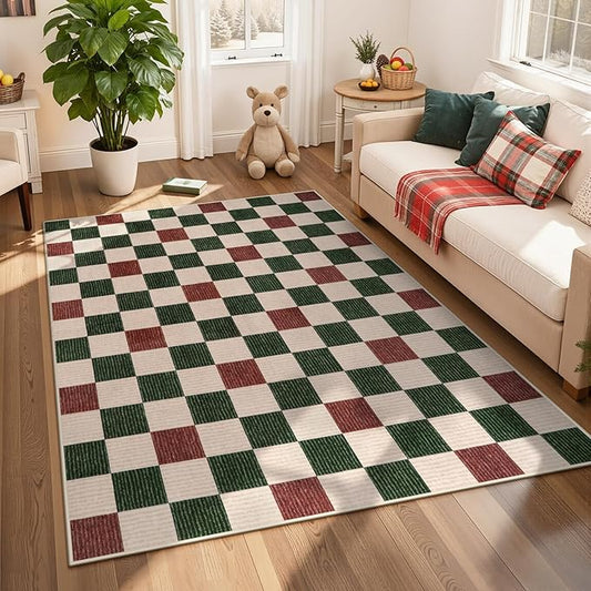 Machine Washable 5x7 Area Rugs for Living Room Clearance Checkered, Non Slip Low Pile Farmhouse Modern Neutral Playroom Boys Rugs for Bedroom, Carpet Rugs for Dining Room(Red,5'x7')