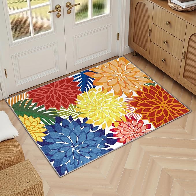 2x3 Colorful Washable Small Rug Tropical Botanical Modern Floral Indoor Chenille Door Mat Carpet Non Slip for Patio, Entry Way, Entrance, Porch, Rainbow