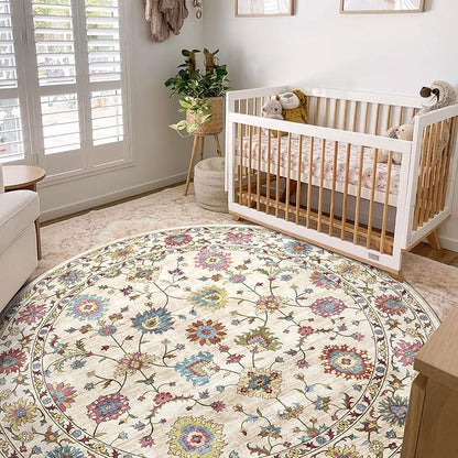 Washable Round Area Rug 8ft - Cream Colorful Traditional Floral Living Room Circle Rug 8x8 Non-Slip Vintage Bohemian Dining Room Carpet Soft Vintage Boho Round Rugs for Bedroom Office Entryway