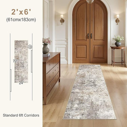2X6 Washable Runner Rug for Hallway: Soft Neutral Modern Abstract Area Rug - Non-Slip Low Pile Long Throw Indoor Carpet for Kitchen Entryway Kitchen Bedroom Laundry Bathroom - Brown Grey
