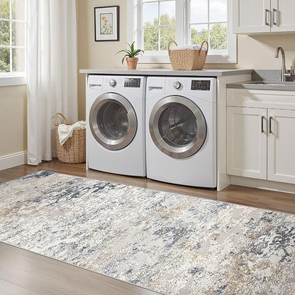 Washable Runner Rug for Hallway: 3x12 Neutral Modern Abstract Low Pile Area Rug with Non-Slip Backing - Carpet for Bedroom Kitchen Laundry Entryway Bathroom Indoor -Beige Blue