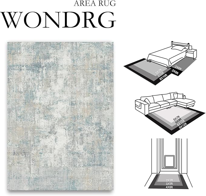 10x12 Area Rug Blue Cream Abstract Living Room Bedroom Washable Carpet Neutral Modern Non-Slip Soft Low Pile Lightweight Vacuumable Large Throw Rug for Dining Room