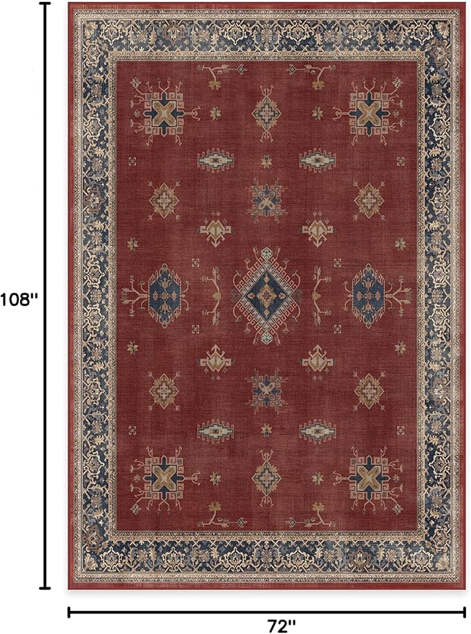 RUGGABLE Washable Vintage Area Rug – Verena Amber Red 6x9, Stain-Resistant, Non-Slip – Medium Machine Washable Rugs for Living Room, Bedroom, Hallway, Entryway & Office–with Cushioned Pad