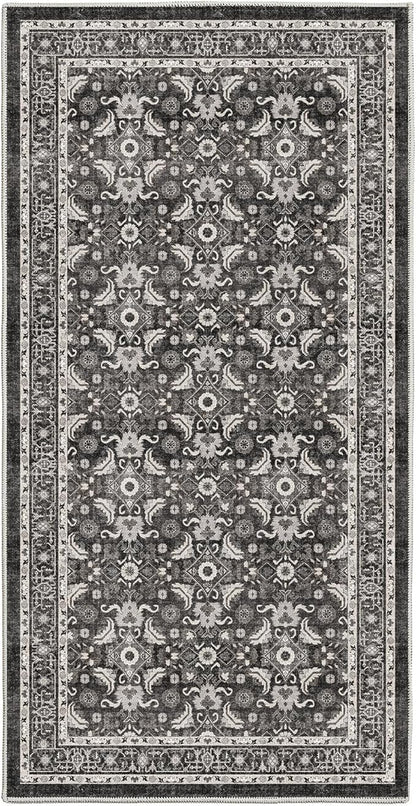 WITSHOCK Washable 2x4 Entryway Area Rug: Soft Non-Slip Backing Washable Rugs Vintage Flower Boho Accent Small Rugs for Bedroom, Kitchen, Bathroom, Nursery Entrance,Black