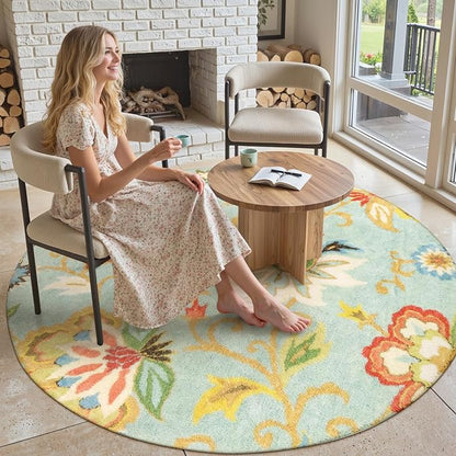Lahome Collection Modern Floral Round Rug - 4' Diameter Non-Slip Distressed Area Rug Small Accent Throw Rugs Floor Carpet for Door Mat Entryway Bedrooms Laundry Room Decor (4 ft, Paisley)