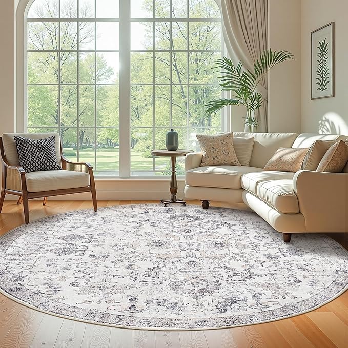 jinchan Kalen Round Rug 8ft Area Rug Washable Vintage Indoor Retro Floor Cover Distressed Gray Floral 8' Round Circle Boho Non Slip Thin Carpet for Living Room Dining Room Bedroom Kitchen Grey