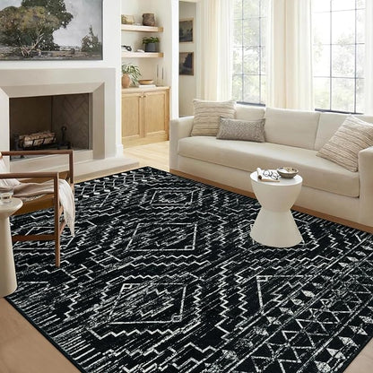 Wonnitar Moroccan 6x9 Area Rugs, Washable Black Rugs for Living Room, Large Soft Bedroom Throw Rug, Non-Slip Stain Resistant Thin Boho Floor Carpet for Dining Room Home Office Decor (Black,6'x9')